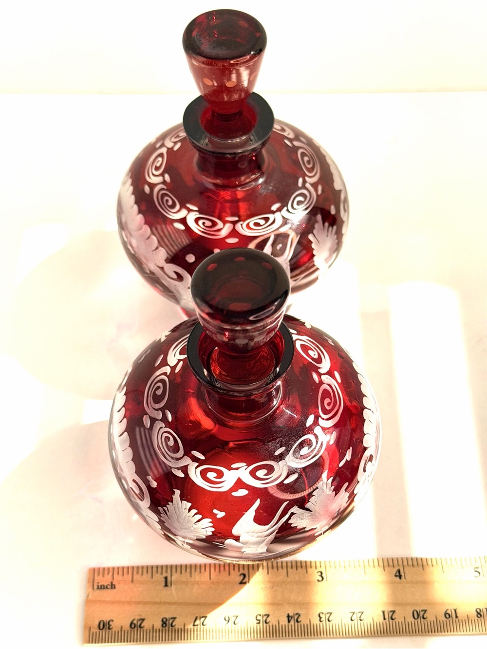 Egermann Ruby Cut To Clear Bohemian CZECH ART GLASS Bottles w/ Stoppers Set of 2 - Picture 12 of 16